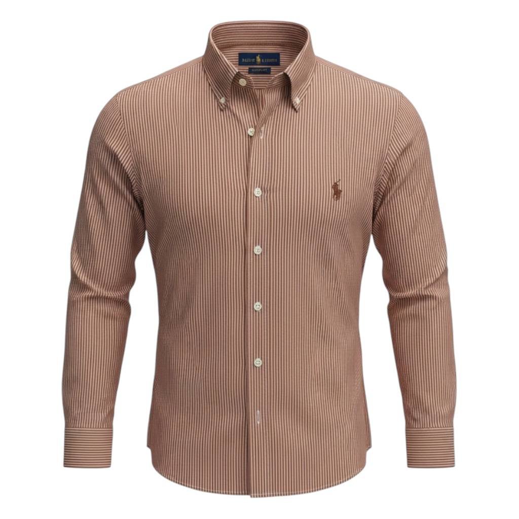 Camisa Ralph Lauren Masculina Marrom Listras Minimalista Pony Chocolate