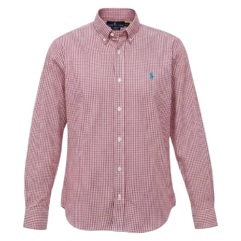 Camisa Ralph Lauren Masculina Micro Xadrez Vermelho Pony Azul Celeste