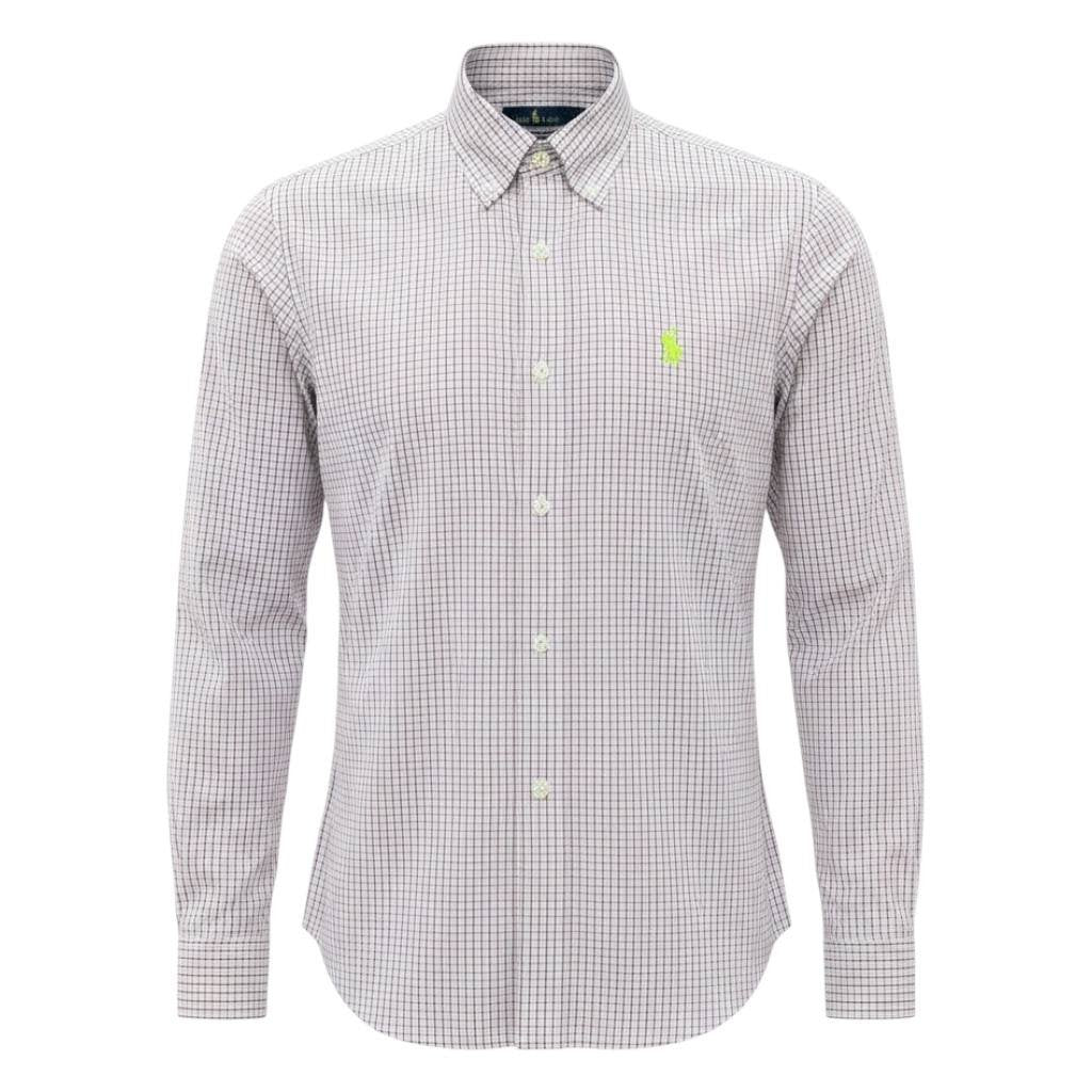 Camisa Ralph Lauren Masculina Micro Xadrez Rosada Exclusiva Pony Limão