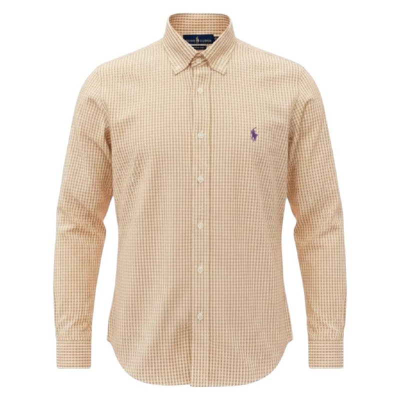 Camisa Ralph Lauren Masculina Micro Xadrez Laranja Pony Roxo
