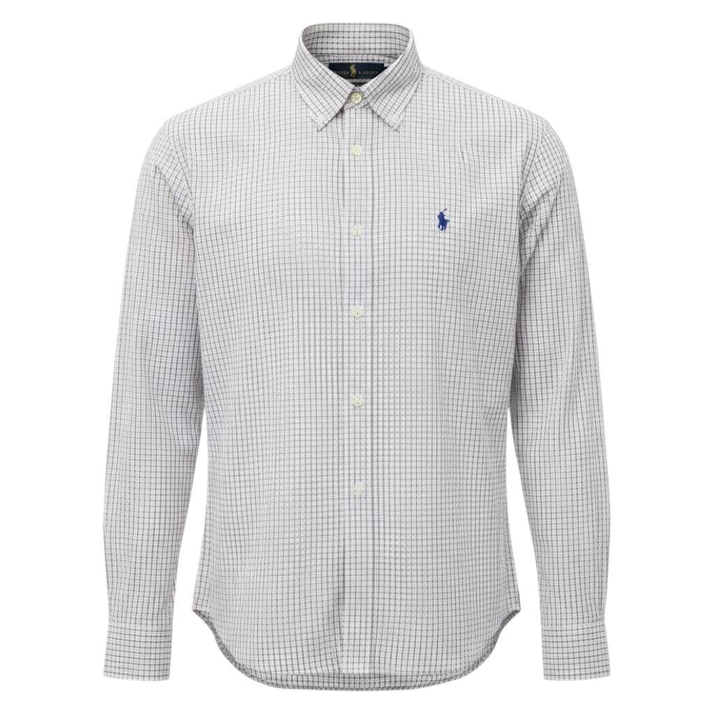 Camisa Ralph Lauren Masculina Micro Xadrez Granulado Pony Azul