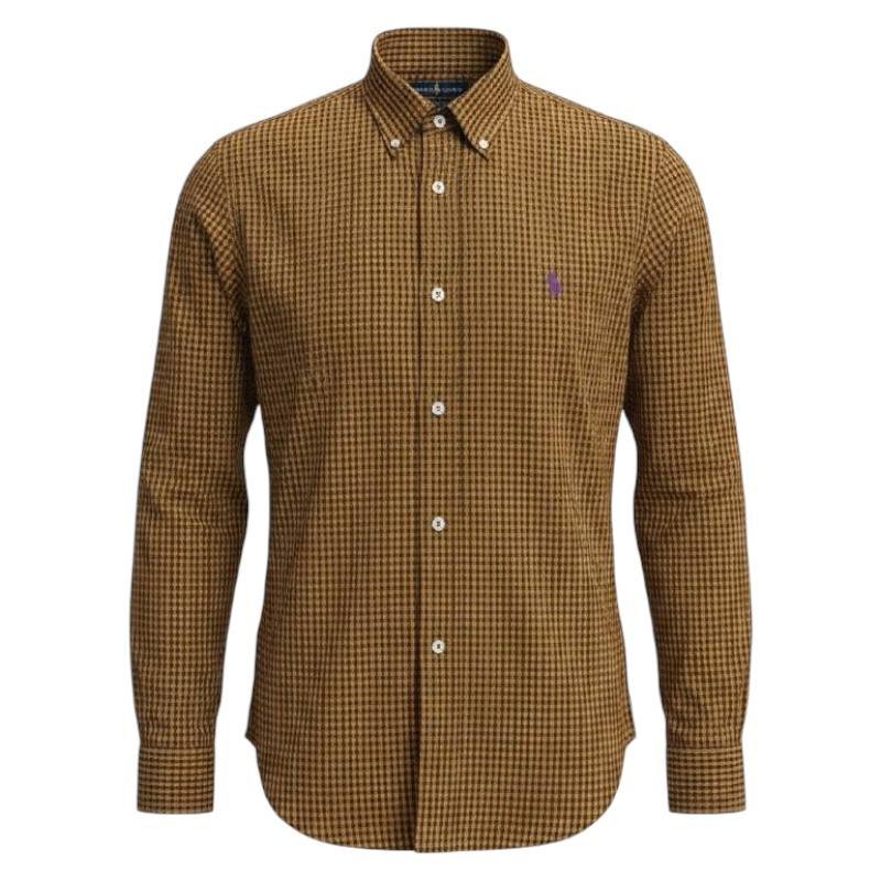 Camisa Ralph Lauren Masculina Micro Xadrez Caramelo Pony Roxo