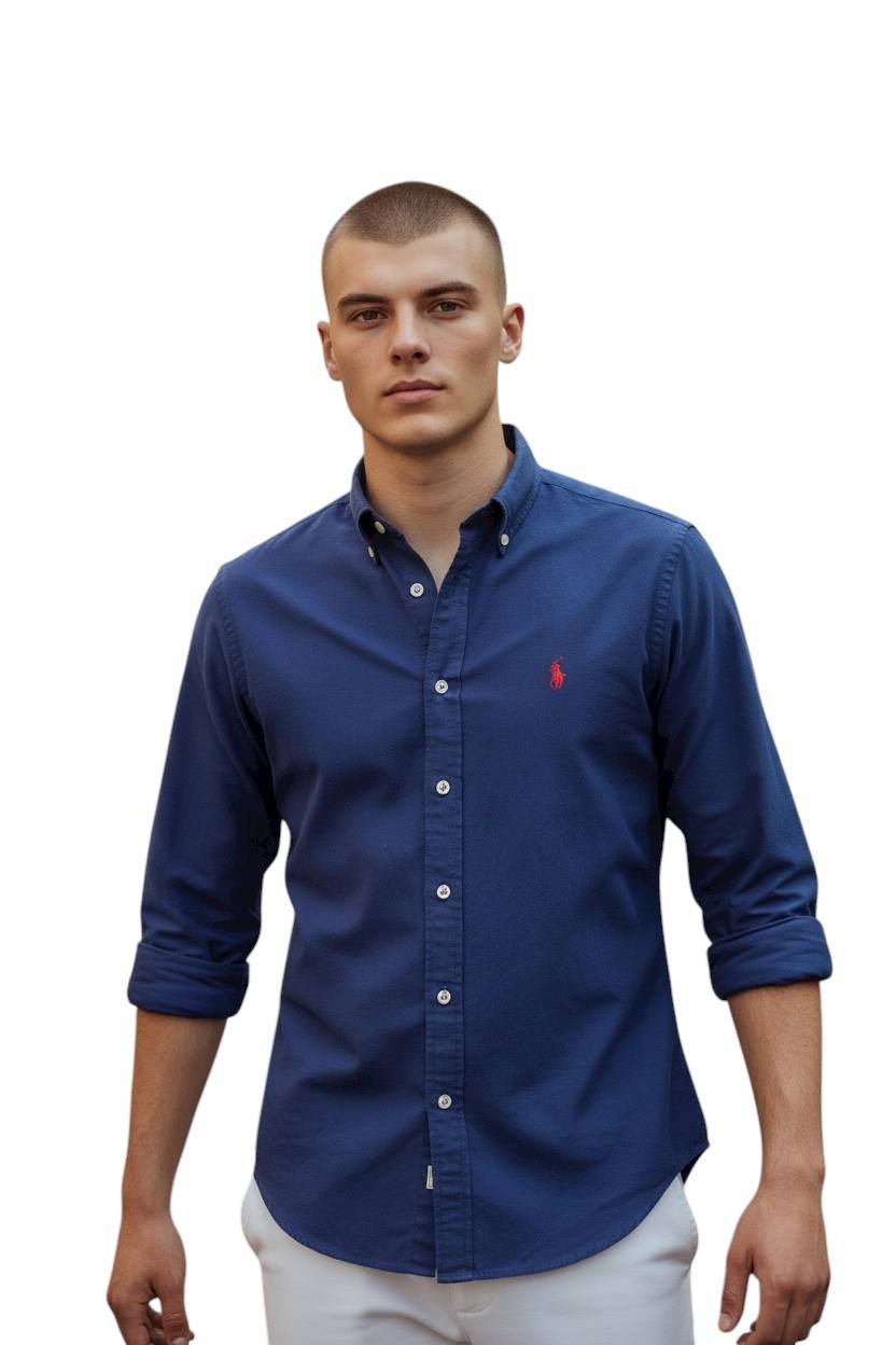 Camisa Ralph Lauren Masculina Oxford Tinturado Marinho Pony Vermelho