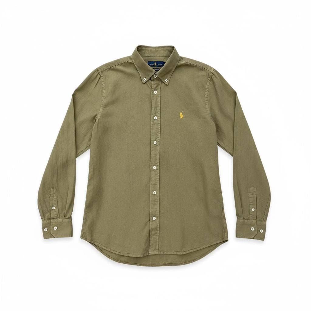 Camisa Ralph Lauren Masculina Oxford Tinturado Verde Exército Pony Dourado