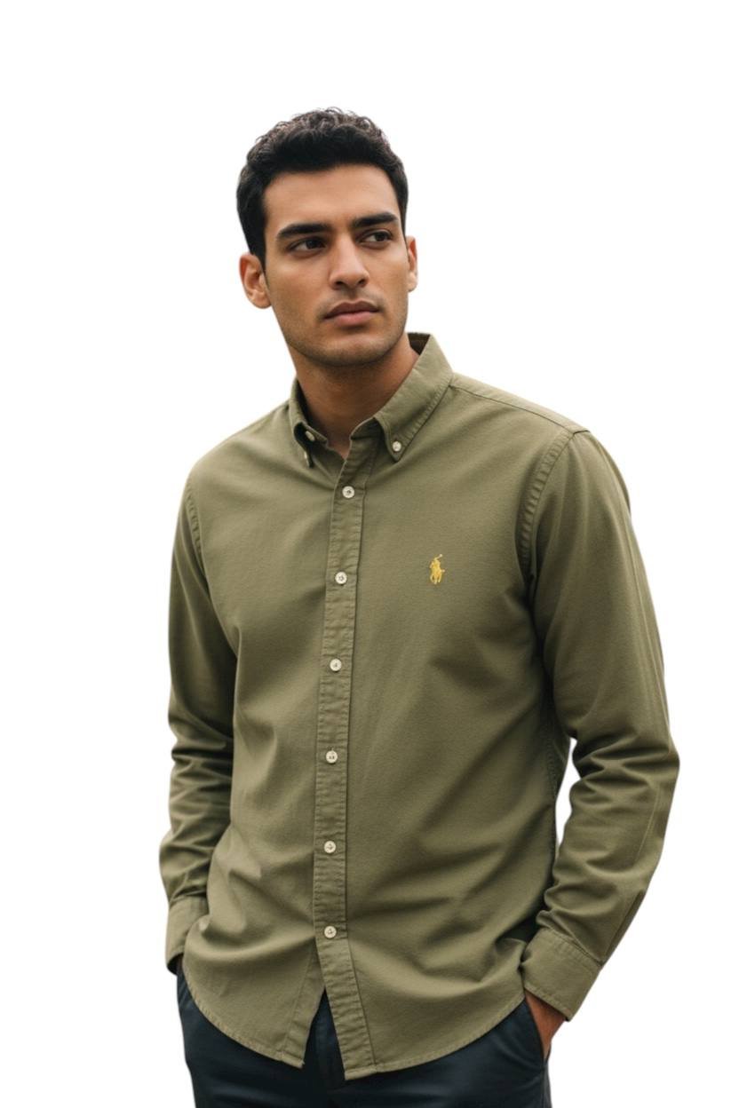 Camisa Ralph Lauren Masculina Oxford Tinturado Verde Exército Pony Dourado