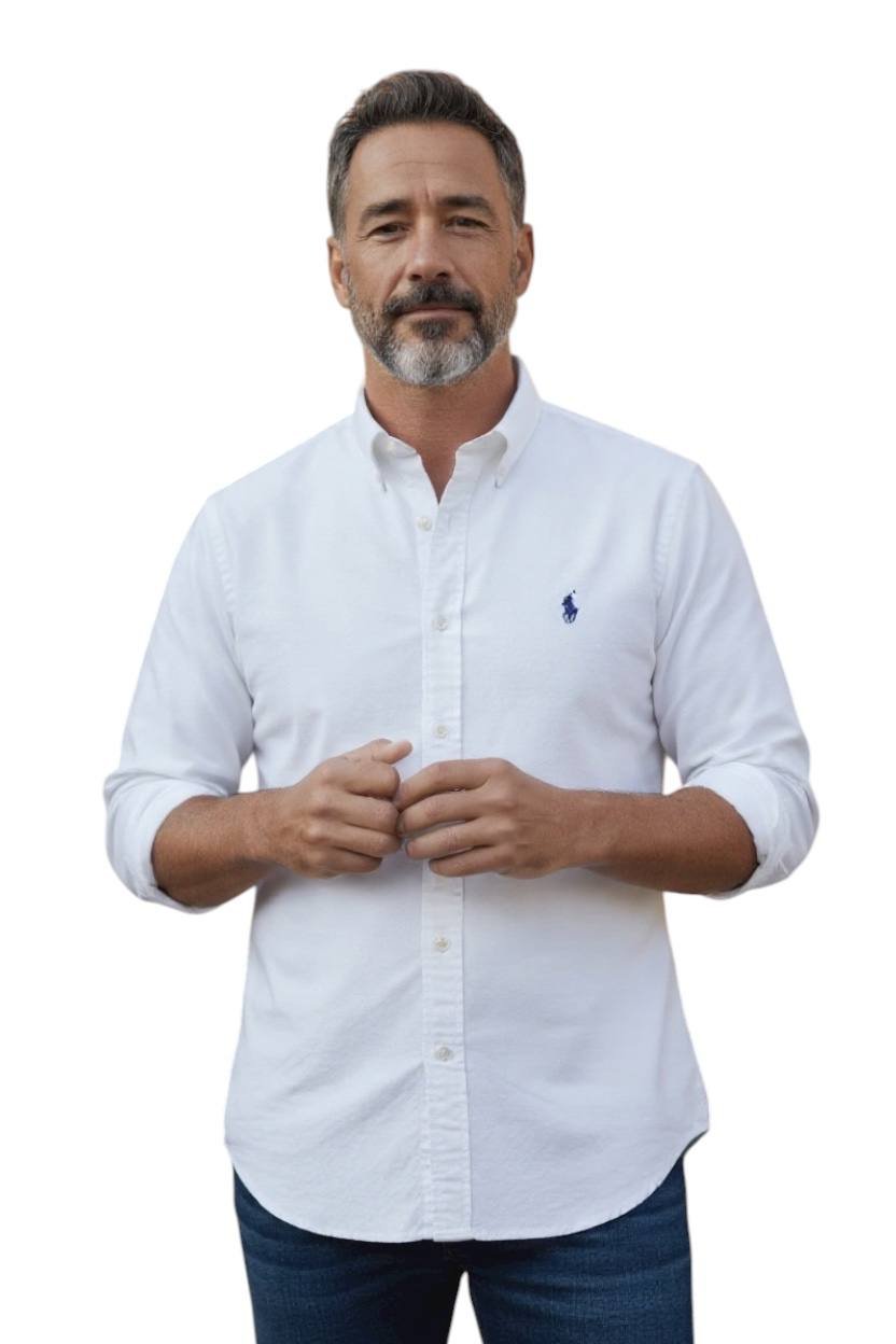 Camisa Ralph Lauren Masculina Oxford Tinturado Branca Pony Marinho