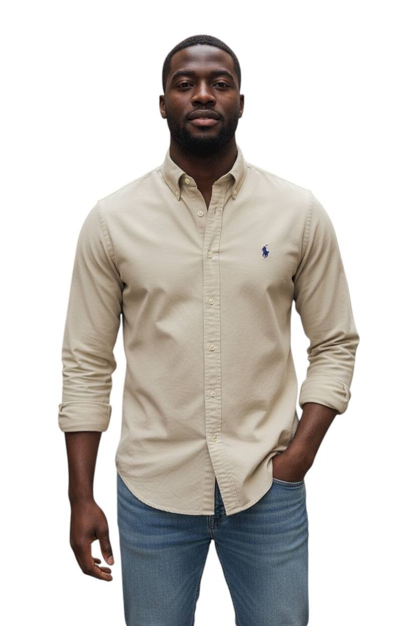 Camisa Ralph Lauren Masculina Oxford Tinturado Areia Pony Marinho