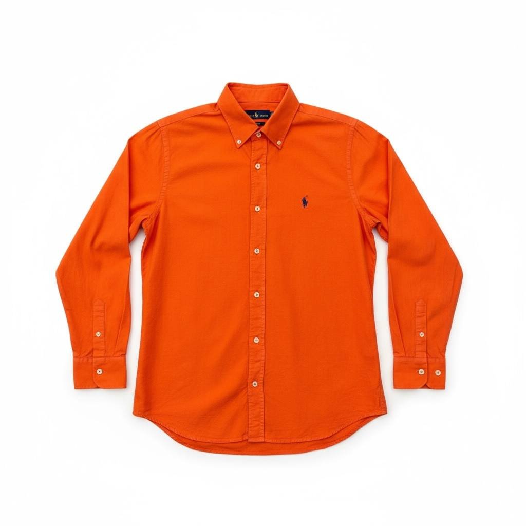Camisa Ralph Lauren Masculina Oxford Tinturado Laranja Pony Marinho