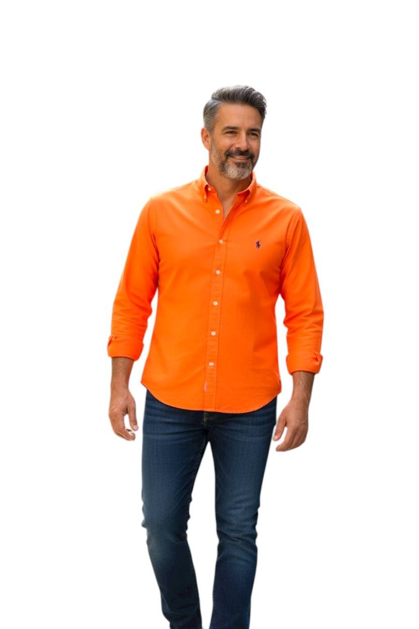 Camisa Ralph Lauren Masculina Oxford Tinturado Laranja Pony Marinho