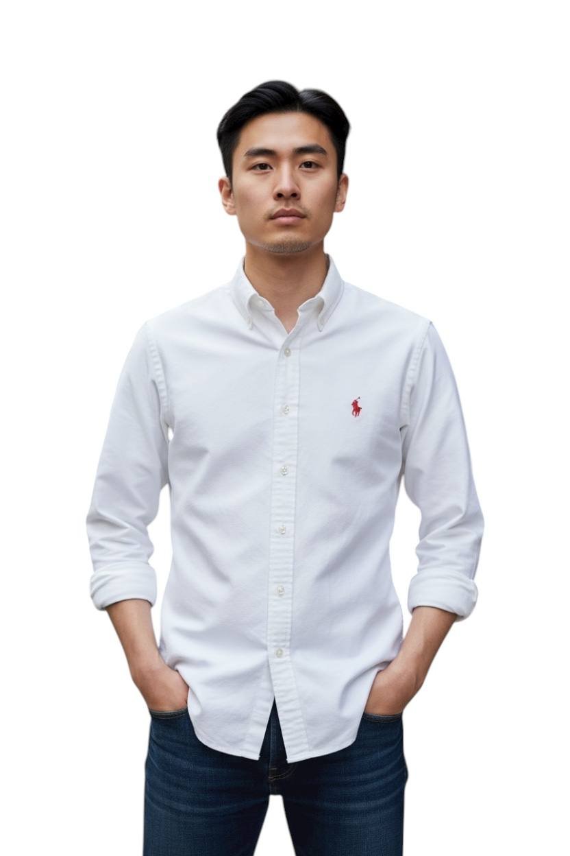 Camisa Ralph Lauren Masculina Oxford Tinturado Branca Pony Vermelho