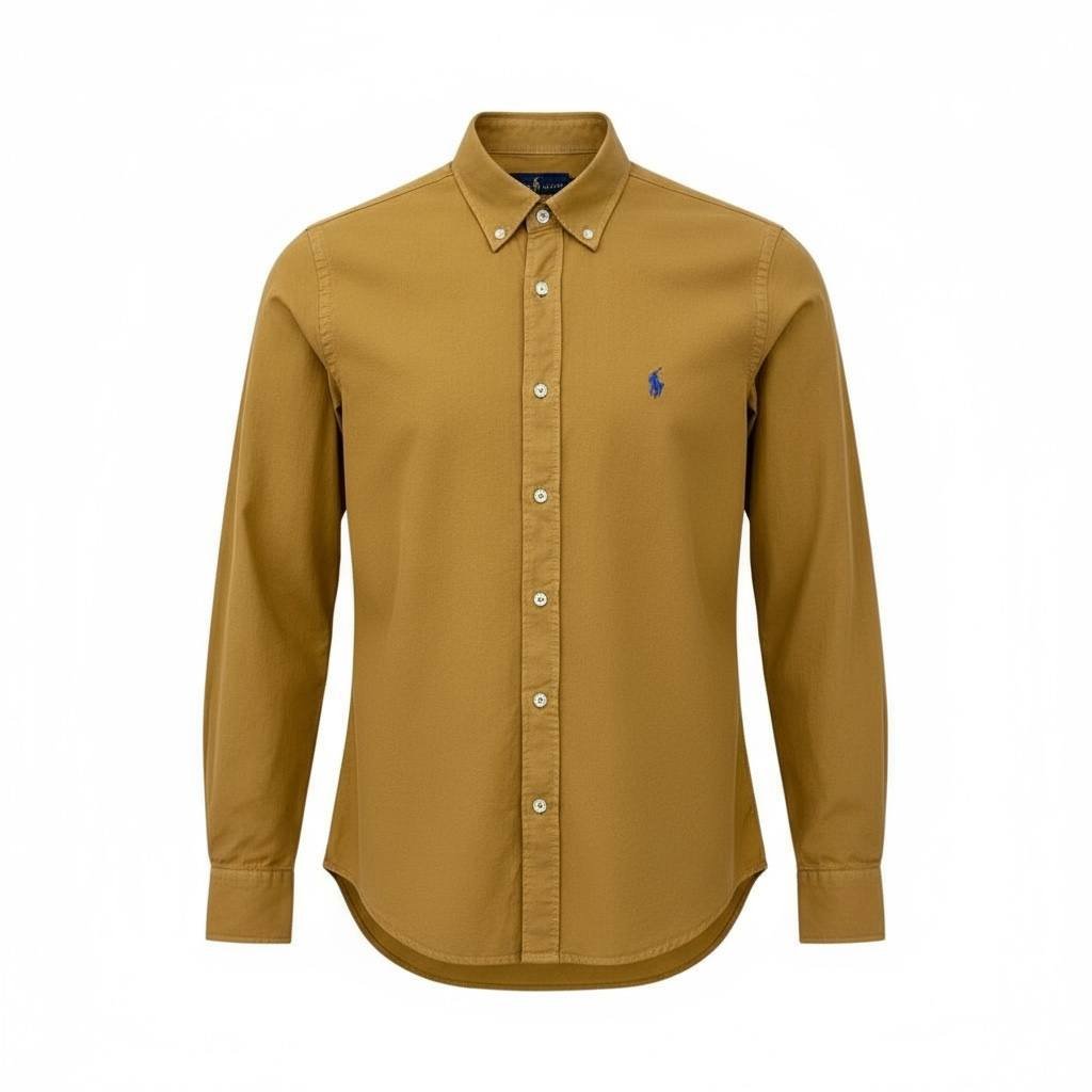 Camisa Ralph Lauren Masculina Oxford Tinturado Caramelo Pony Azul