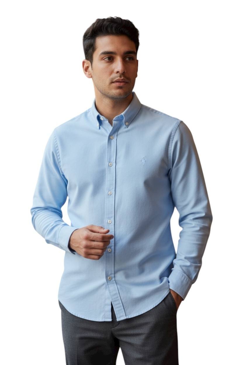 Camisa Ralph Lauren Masculina Oxford Tinturado Azul Bebê Pony Monocromático