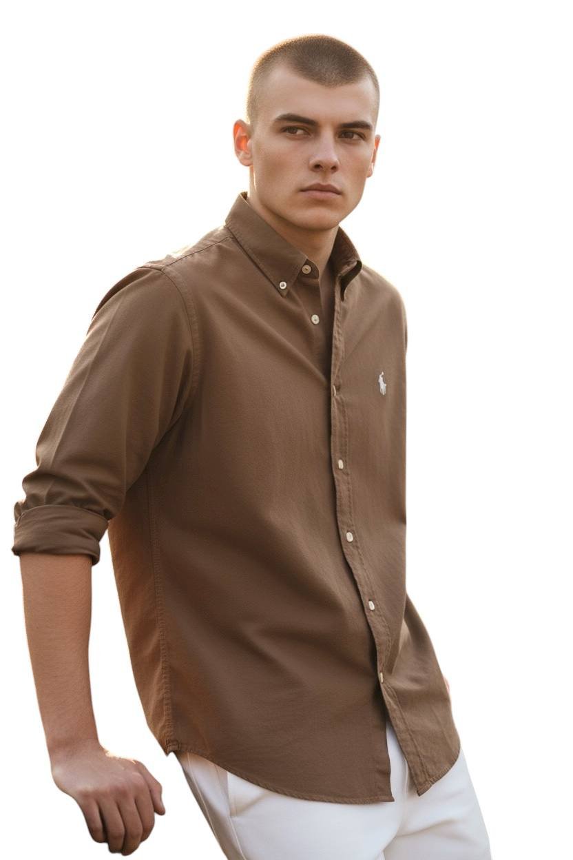 Camisa Ralph Lauren Masculina Oxford Tinturado Marrom Caramelo Pony Creme