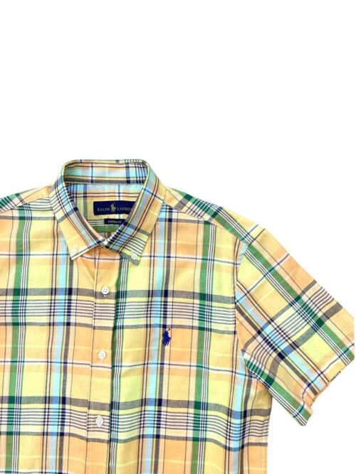Camisa Ralph Lauren Masculina Manga Curta Xadrez Amarelo Americano Pony Marinho