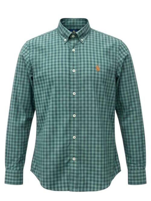 Camisa Ralph Lauren Masculina Xadrez Verde Pony Laranja