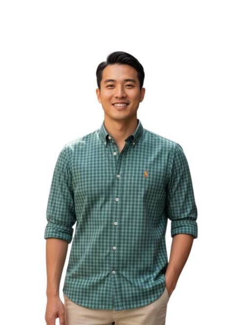 Camisa Ralph Lauren Masculina Xadrez Verde Pony Laranja