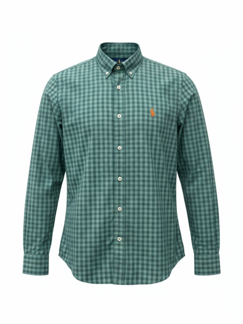 Camisa Ralph Lauren Masculina Xadrez Verde Pony Laranja