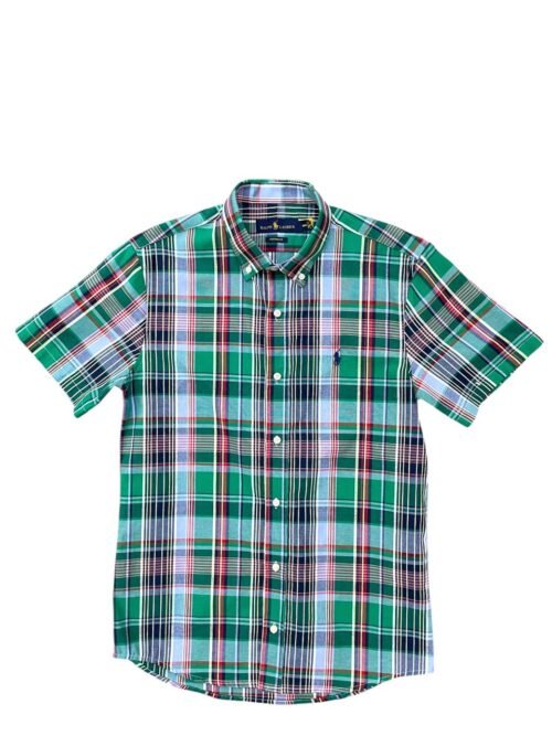 Camisa Ralph Lauren Masculina Manga Curta Xadrez Verde Americano Pony Marinho