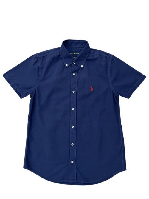Camisa Ralph Lauren Masculina Oxford Manga Curta Azul Marinho Pony Vermelho