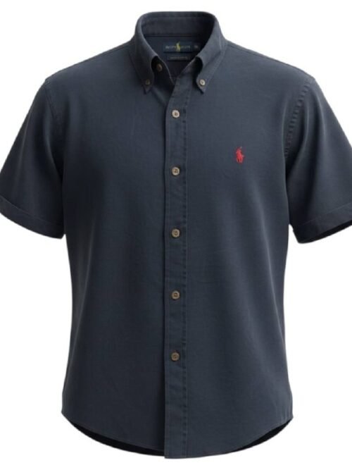 Camisa Ralph Lauren Masculina Oxford Manga Curta Azul Marinho Pony Vermelho