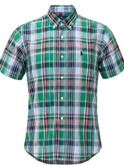 Camisa Ralph Lauren Masculina Manga Curta Xadrez Verde Americano Pony Marinho