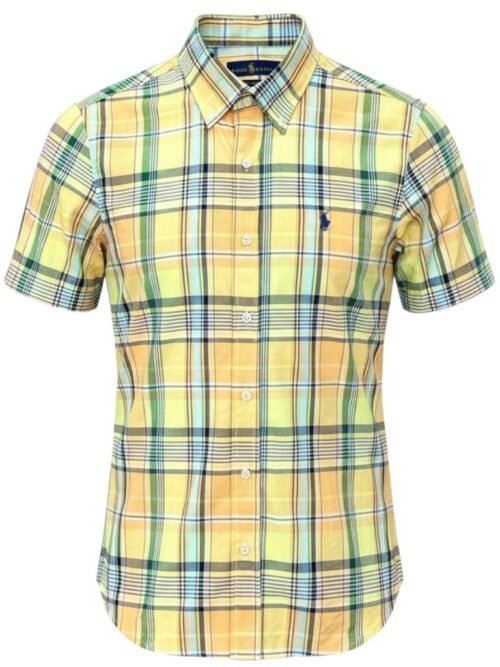 Camisa Ralph Lauren Masculina Manga Curta Xadrez Amarelo Americano Pony Marinho
