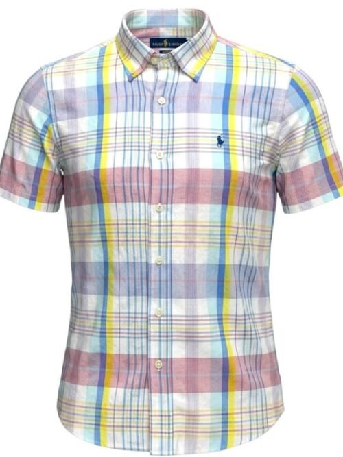 Camisa Ralph Lauren Masculina Manga Curta Xadrez Rosa Americano Pony Marinho