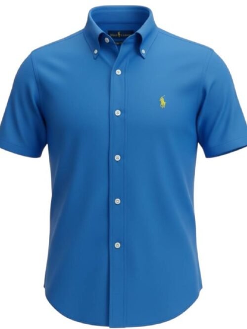 Camisa Ralph Lauren Masculina Oxford Manga Curta Azul Oceano Pony Verde Limão