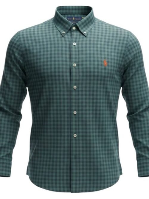 Camisa Ralph Lauren Masculina Xadrez Verde Pony Laranja