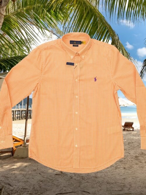 Camisa Ralph Lauren Masculina Micro Xadrez Abóbora Pony Roxo