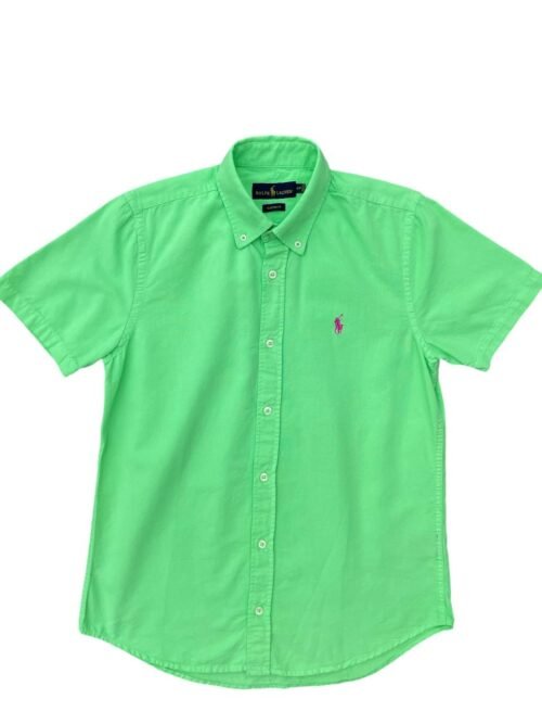 Camisa Ralph Lauren Masculina Oxford Manga Curta Verde Claro Pony Rosa Pink