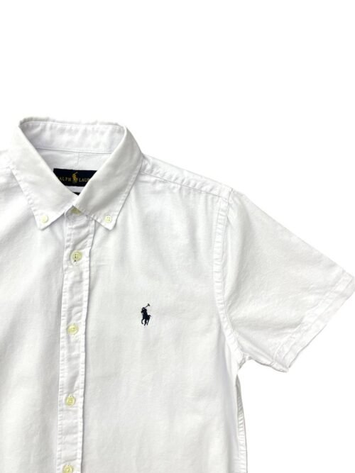 Camisa Ralph Lauren Masculina Oxford Manga Curta Branca Pony Marinho