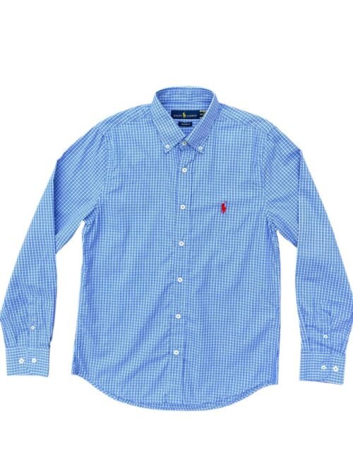 Camisa Ralph Lauren Masculina Micro Xadrez Detalhes Azul Pony Vermelho
