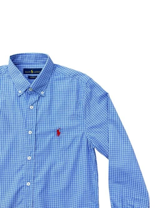 Camisa Ralph Lauren Masculina Micro Xadrez Detalhes Azul Pony Vermelho