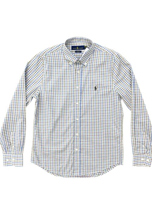 Camisa Ralph Lauren Masculina Xadrez Azul Cinzento Pony Chumbo