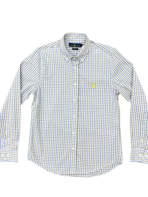 Camisa Ralph Lauren Masculina Xadrez Azul Cinzento Pony Amarelo