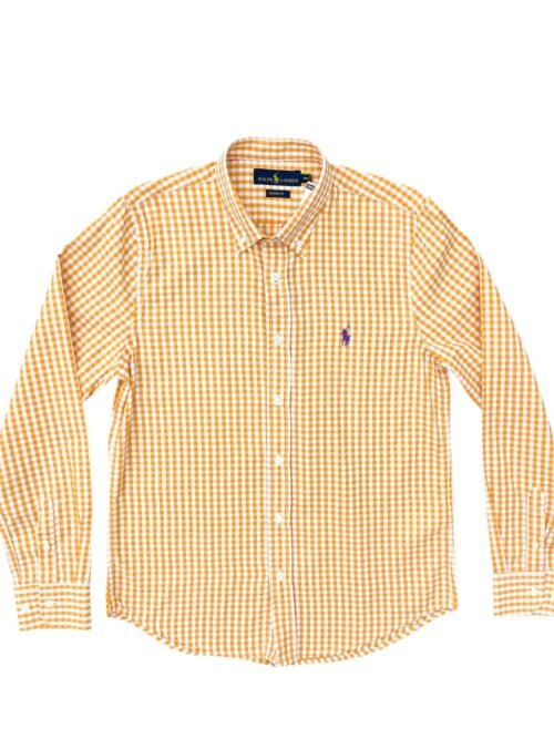 Camisa Ralph Lauren Masculina Xadrez Clássico Laranja Pony Roxo