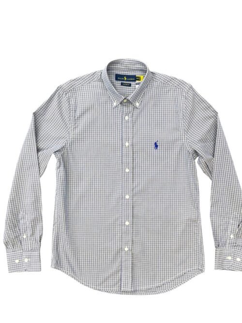 Camisa Ralph Lauren Masculina Micro Xadrez Cinza Detalhes Pony Azul