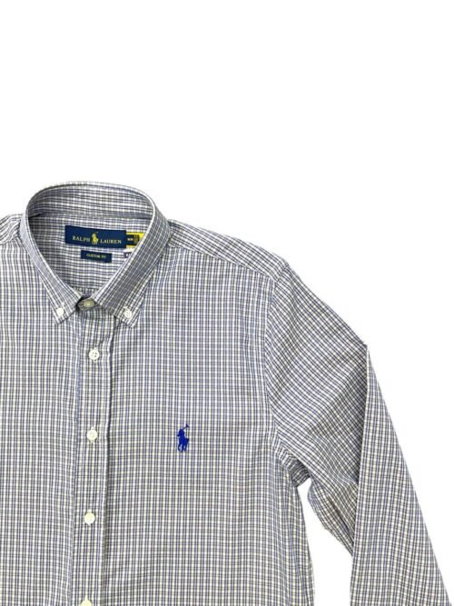 Camisa Ralph Lauren Masculina Micro Xadrez Cinza Detalhes Pony Azul