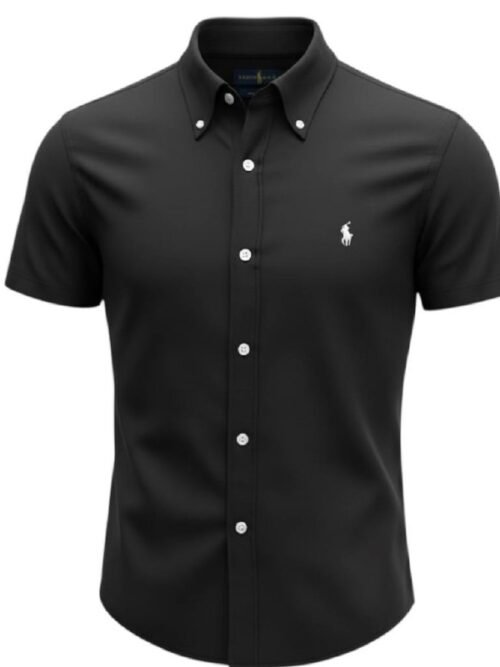 Camisa Ralph Lauren Masculina Oxford Manga Curta Preta Pony Cinza