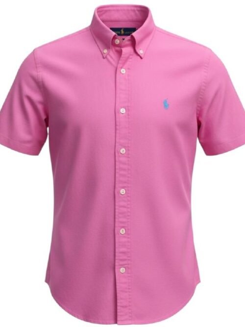 Camisa Ralph Lauren Masculina Oxford Manga Curta Rosa Pink Pony Azul Celeste