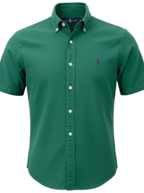 Camisa Ralph Lauren Masculina Oxford Manga Curta Verde Floresta Pony Bordô