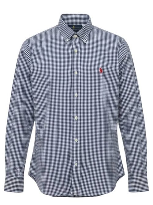 Camisa Ralph Lauren Masculina Micro Xadrez Azul Petróleo Pony Vermelho