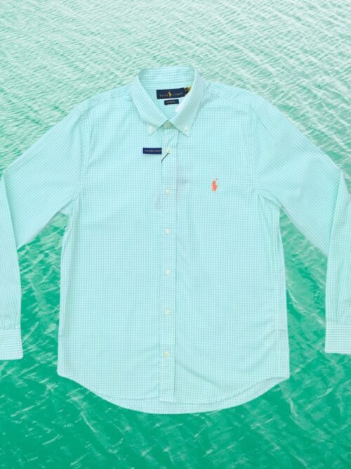 Camisa Ralph Lauren Masculina Micro Xadrez Verde Água Pony Laranja