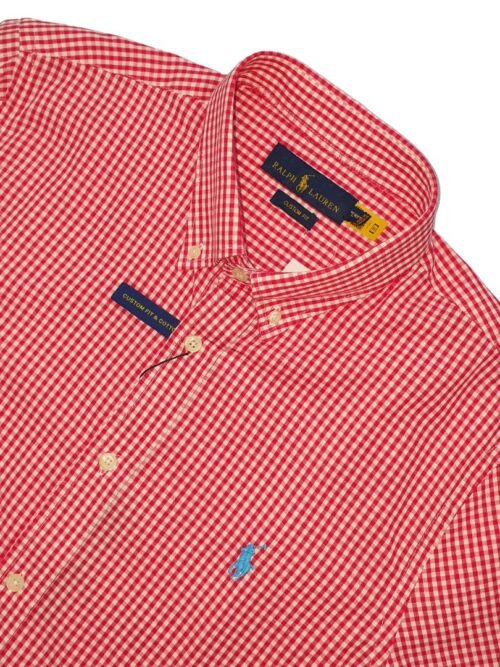 Camisa Ralph Lauren Masculina Micro Xadrez Vermelho Pony Azul Celeste