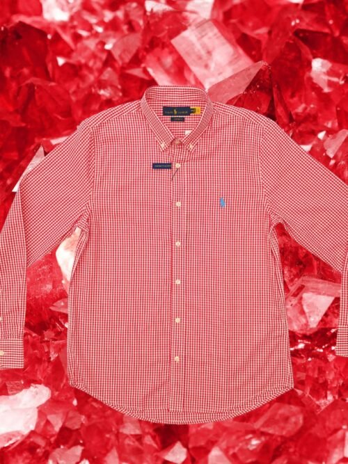 Camisa Ralph Lauren Masculina Micro Xadrez Vermelho Pony Azul Celeste