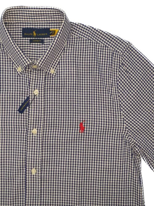 Camisa Ralph Lauren Masculina Micro Xadrez Azul Petróleo Pony Vermelho