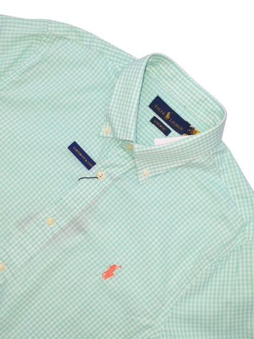 Camisa Ralph Lauren Masculina Micro Xadrez Verde Água Pony Laranja