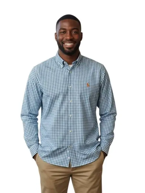 Camisa Ralph Lauren Masculina Xadrez Cinzento Pony Laranja