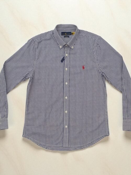 Camisa Ralph Lauren Masculina Micro Xadrez Azul Petróleo Pony Vermelho